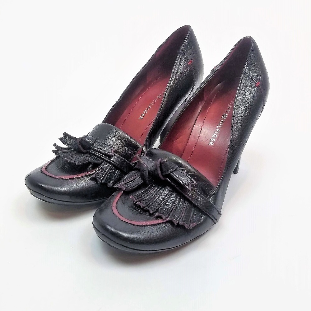 Tommy Hilfiger Black Leather 'School Boy' Tassel Fringe High Heel Pumps